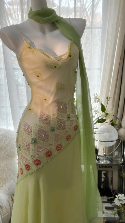 Fairytale Green Spaghetti Straps Vintage Party Dress Sheath Chiffon Beaded Short Prom Dresses  ED02406