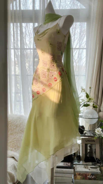 Fairytale Green Spaghetti Straps Vintage Party Dress Sheath Chiffon Beaded Short Prom Dresses  ED02406