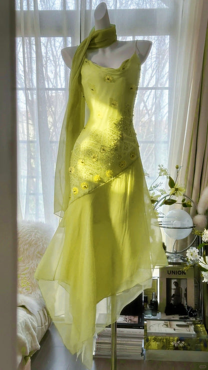 Fairytale Green Spaghetti Straps Vintage Party Dress Sheath Chiffon Beaded Short Prom Dresses  ED02406
