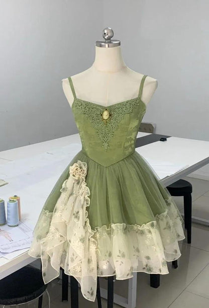 Fairytale Green Spaghetti Strap A-Line Printed Tulle Short Prom Dresses Homecoming Dress  ED02408
