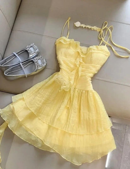 Cute Butter Yellow Spaghetti Straps A-Line Chiffon Short Prom Dresses Homecoming Dress  ED02409