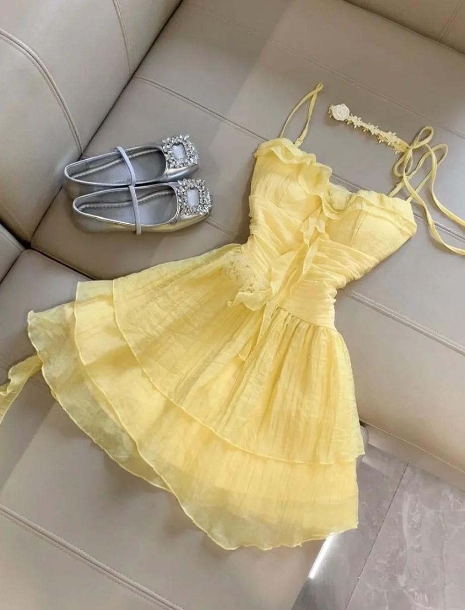 Cute Butter Yellow Spaghetti Straps A-Line Chiffon Short Prom Dresses Homecoming Dress  ED02409