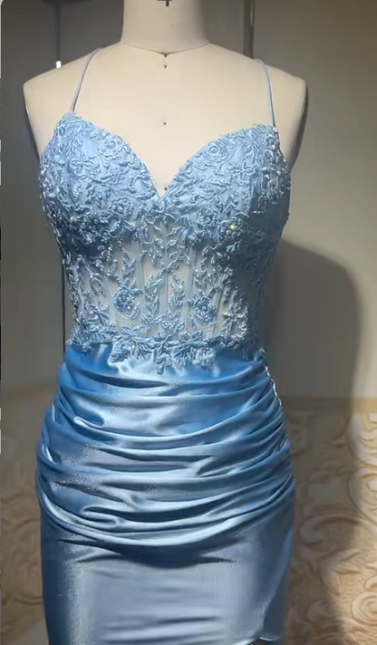 Elegant Sky Blue Spaghetti Straps Bodycon Lace Applique Satin Long Prom Dresses Formal Evening Gowns  ED02411