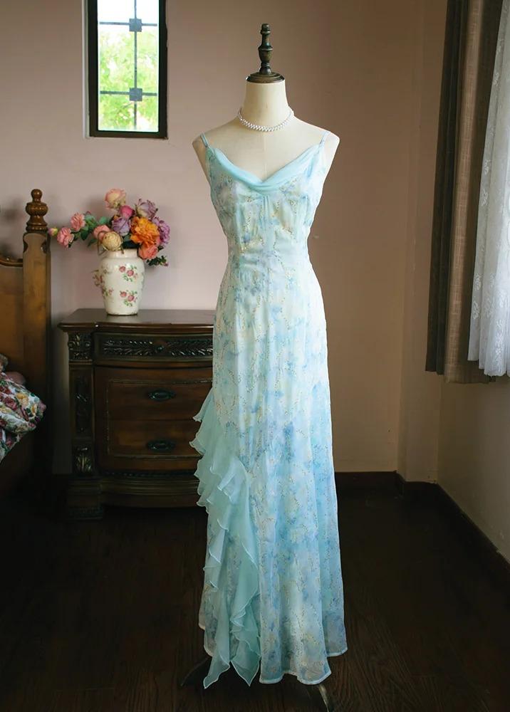 Sweet Light Blue V-neck Printed Chiffon with Ruffles Sheath Long Prom Dresses Vintage Party Dress ED02414