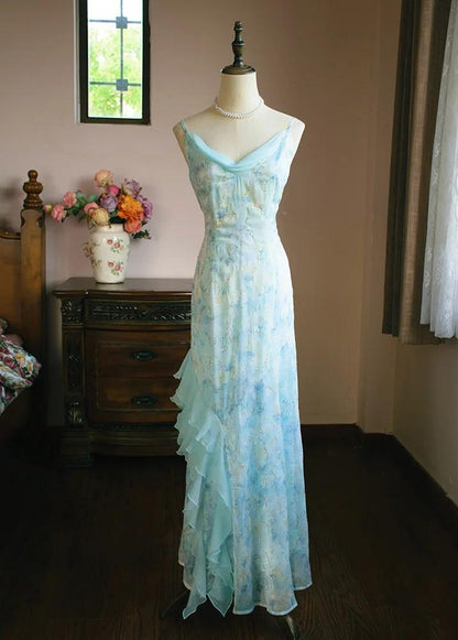Sweet Light Blue V-neck Printed Chiffon with Ruffles Sheath Long Prom Dresses Vintage Party Dress ED02414