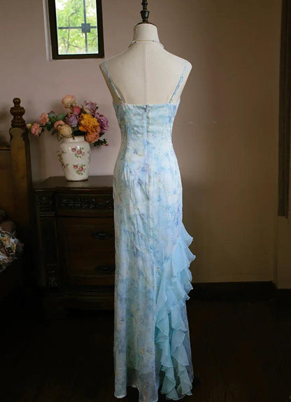 Sweet Light Blue V-neck Printed Chiffon with Ruffles Sheath Long Prom Dresses Vintage Party Dress ED02414