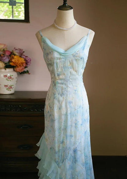 Sweet Light Blue V-neck Printed Chiffon with Ruffles Sheath Long Prom Dresses Vintage Party Dress ED02414