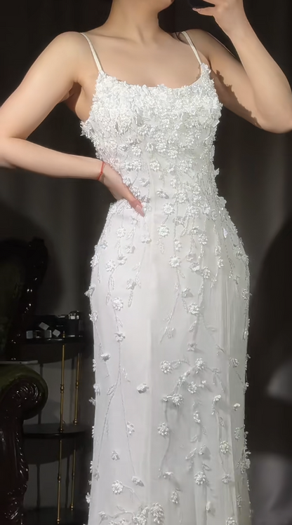 Vintage White Spaghetti Straps Mermaid Chiffon Beaded Long Prom Dresses Formal Evening Gowns ED02415