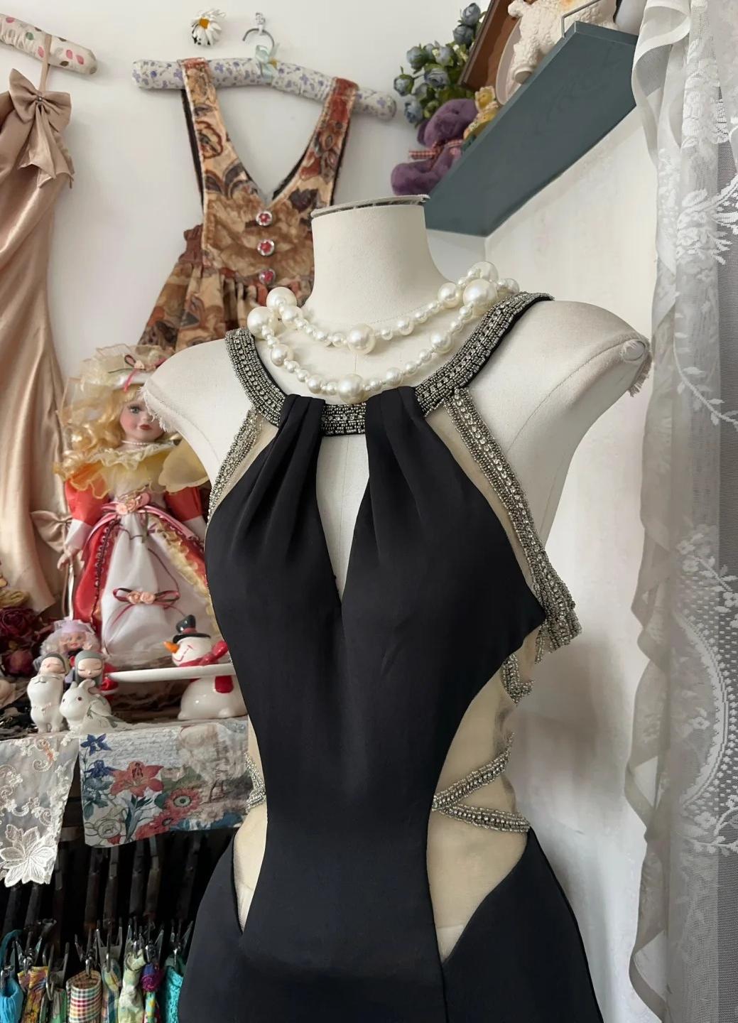 Glam Black Scoop Sheath Chiffon Long Prom Dresses Backless Formal Evening Gowns ED02420