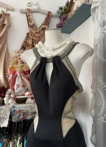 Glam Black Scoop Sheath Chiffon Long Prom Dresses Backless Formal Evening Gowns ED02420