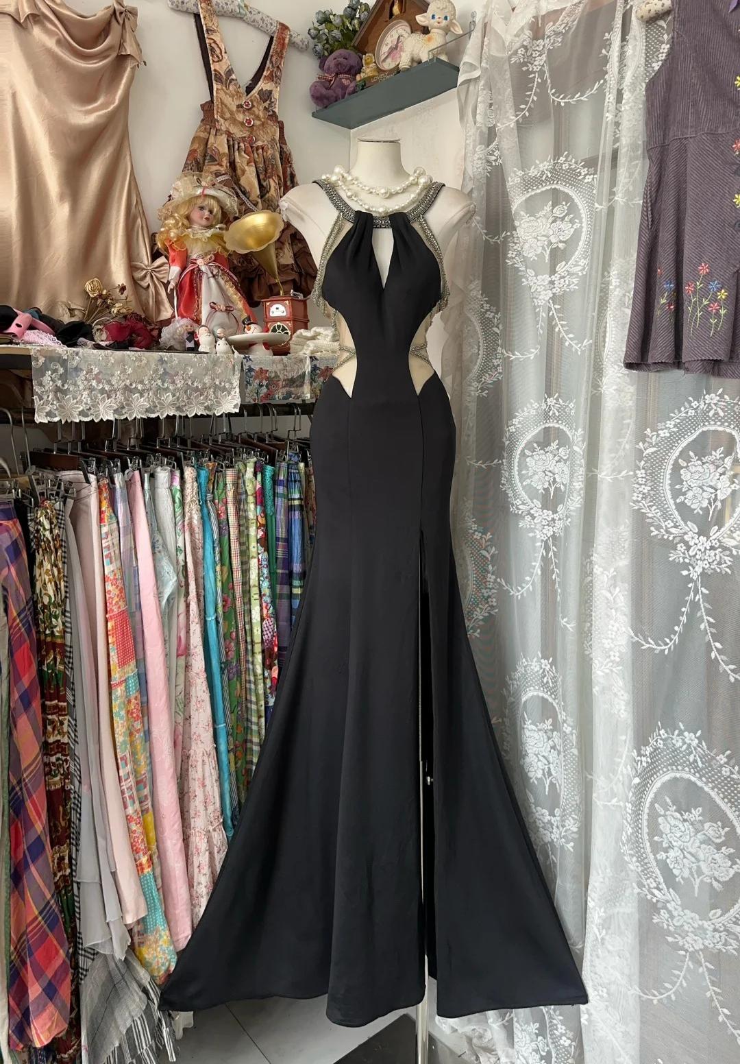 Glam Black Scoop Sheath Chiffon Long Prom Dresses Backless Formal Evening Gowns ED02420