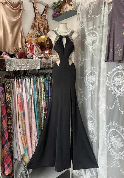 Glam Black Scoop Sheath Chiffon Long Prom Dresses Backless Formal Evening Gowns ED02420