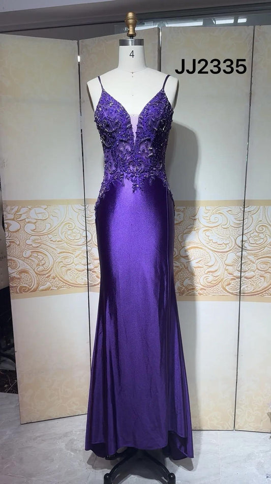 Stunning Purple Spaghetti Straps Mermaid Satin Long Prom Dresses Formal Evening Gowns with Appliques ED02421