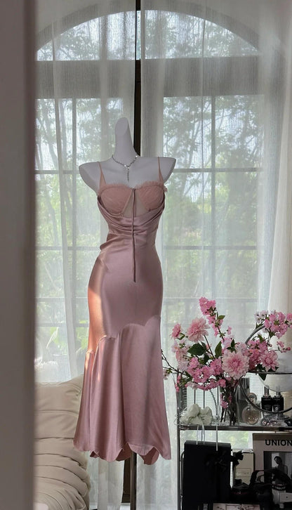 Elegant Blush Pink Spaghetti Straps Party Dress Sheath Satin Prom Dresses ED02422