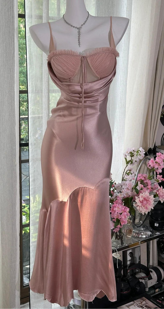 Elegant Blush Pink Spaghetti Straps Party Dress Sheath Satin Prom Dresses ED02422