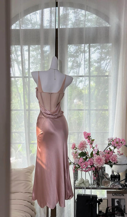 Elegant Blush Pink Spaghetti Straps Party Dress Sheath Satin Prom Dresses ED02422