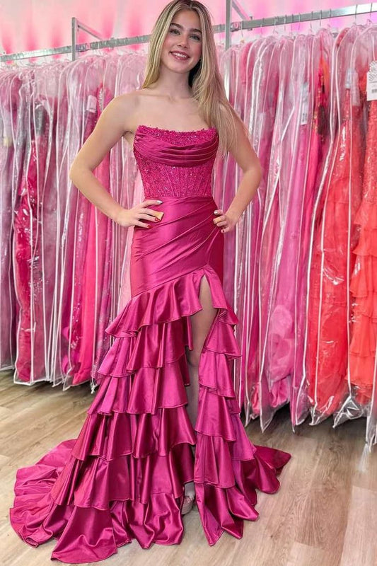 Elegant Fuchsia Strapless Mermaid Satin Beaded Long Prom Dresses Formal Evening Dresses With Slits ED02424