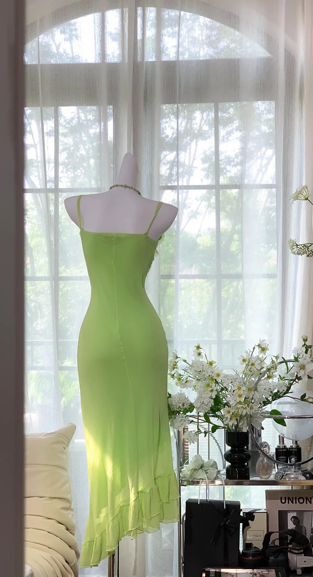 Sweet Bud Green Spaghetti Straps Sheath Chiffon Short Prom Dresses Vintage Evening Gowns ED02428