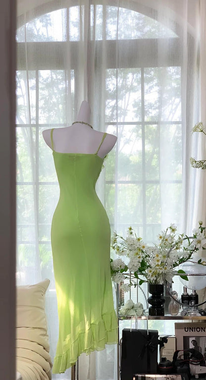 Sweet Bud Green Spaghetti Straps Sheath Chiffon Short Prom Dresses Vintage Evening Gowns ED02428