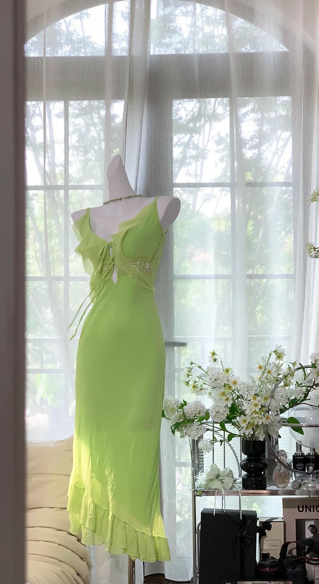 Sweet Bud Green Spaghetti Straps Sheath Chiffon Short Prom Dresses Vintage Evening Gowns ED02428