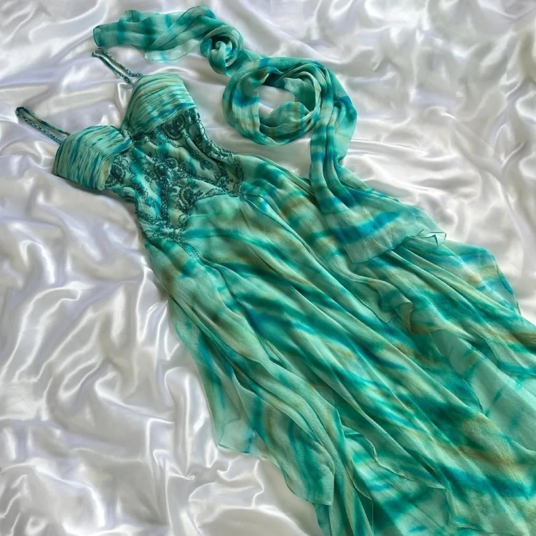 Stunning Green Spaghetti Straps Sheath Chiffon Beaded Prom Dresses ED02432