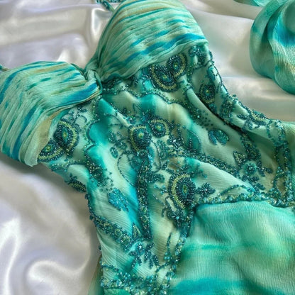 Stunning Green Spaghetti Straps Sheath Chiffon Beaded Prom Dresses ED02432