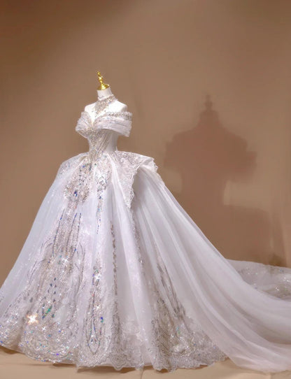 Gorgeous Off-the-shoulder A-Line Tulle Beaded Train Wedding Dress ED02434