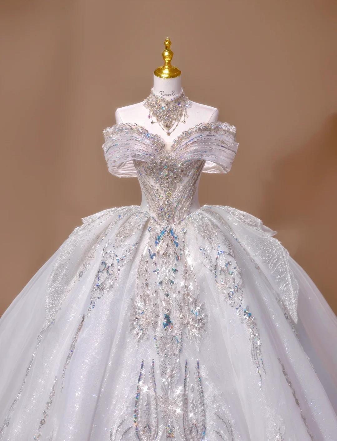 Gorgeous Off-the-shoulder A-Line Tulle Beaded Train Wedding Dress ED02434