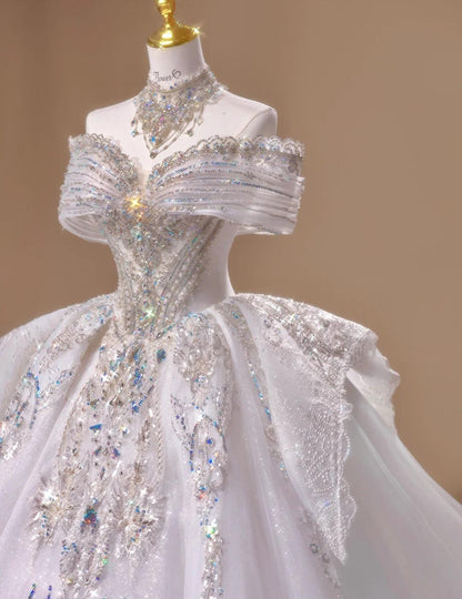 Gorgeous Off-the-shoulder A-Line Tulle Beaded Train Wedding Dress ED02434