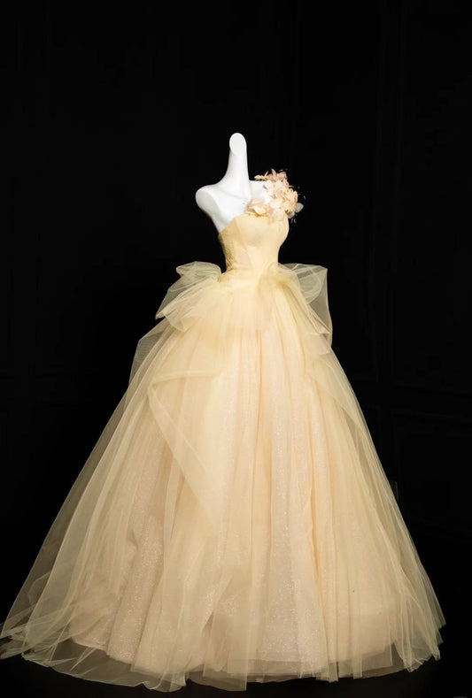 Pretty Yellow One Shoulder A-Line Tulle Prom Dresses Formal Birthday Evening Gowns ED02435