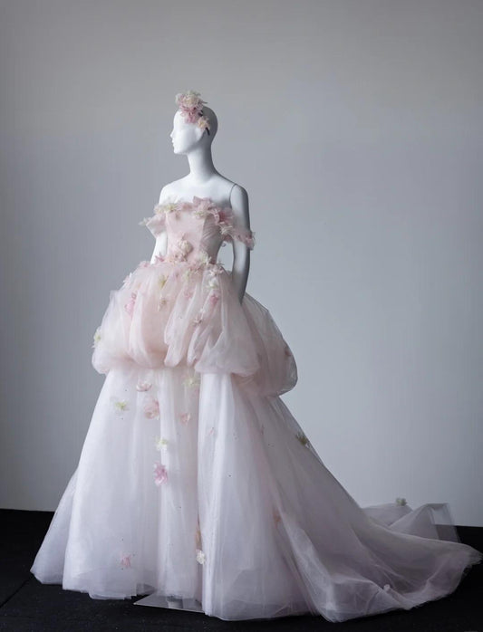 Fairytale Light Pink Off-the-shoulder A-Line Tulle Applique Train Wedding Dress ED02436