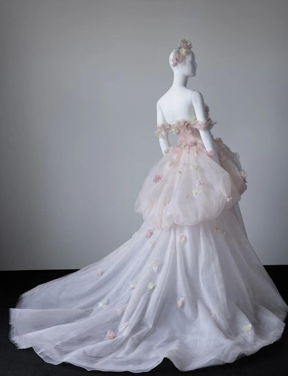 Fairytale Light Pink Off-the-shoulder A-Line Tulle Applique Train Wedding Dress ED02436