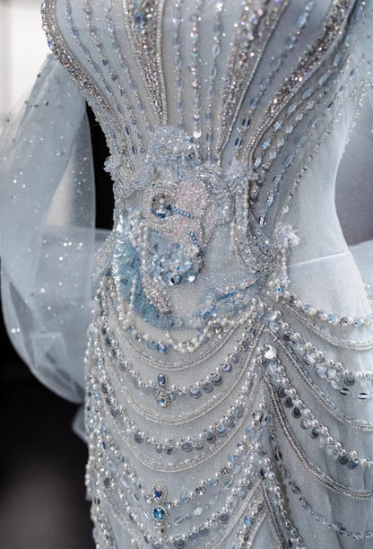 Elegant Grey Strapless Mermaid Tulle Beaded Gorgeous Train Wedding Dress ED02437