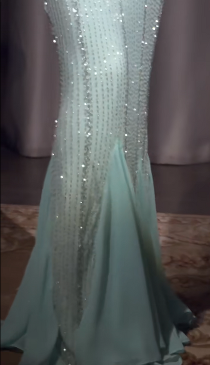 Vintage Tiffany Blue V-neck Mermaid Chiffon Beaded Ball Dress Elegant Evening Gowns ED02439