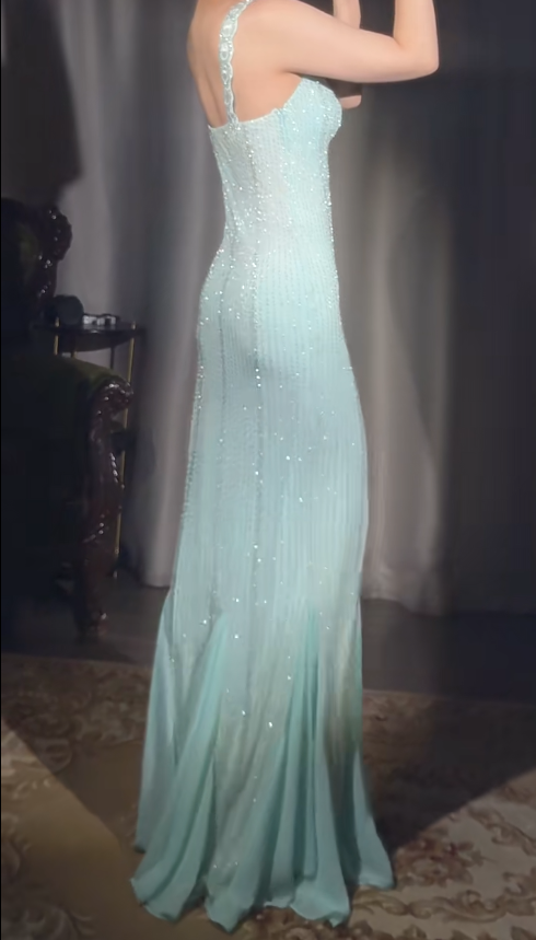 Vintage Tiffany Blue V-neck Mermaid Chiffon Beaded Ball Dress Elegant Evening Gowns ED02439