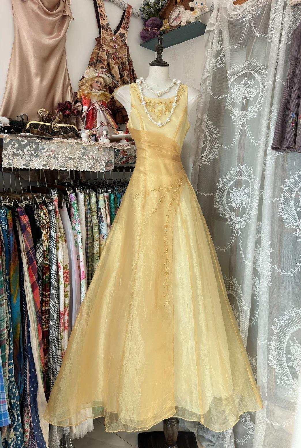 Glam Butter Yellow Evening Gowns Round Neck A-Line Tulle Party Dress ED02441
