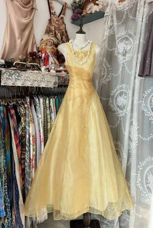 Glam Butter Yellow Evening Gowns Round Neck A-Line Tulle Party Dress ED02441