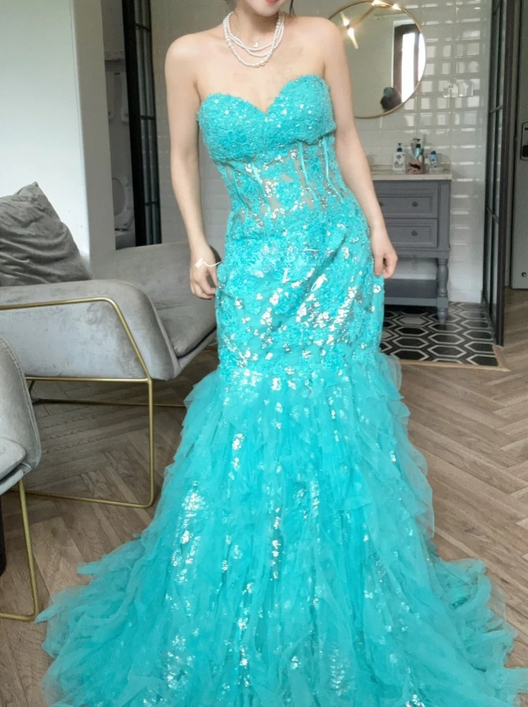 Elegant Blue Sweetheart Neck Mermaid Tulle Appliques Long Prom Dresses Formal Evening Gowns ED02442
