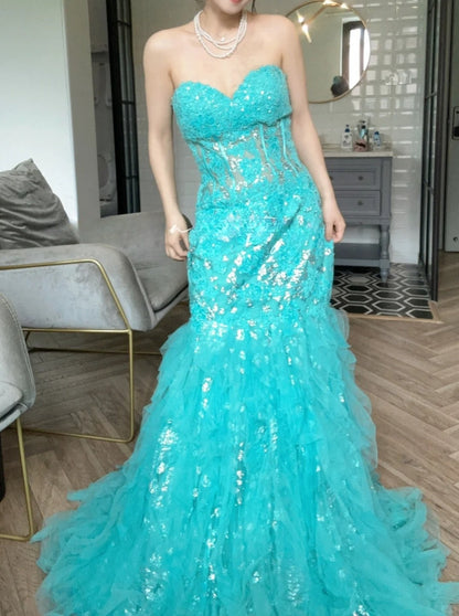 Elegant Blue Sweetheart Neck Mermaid Tulle Appliques Long Prom Dresses Formal Evening Gowns ED02442
