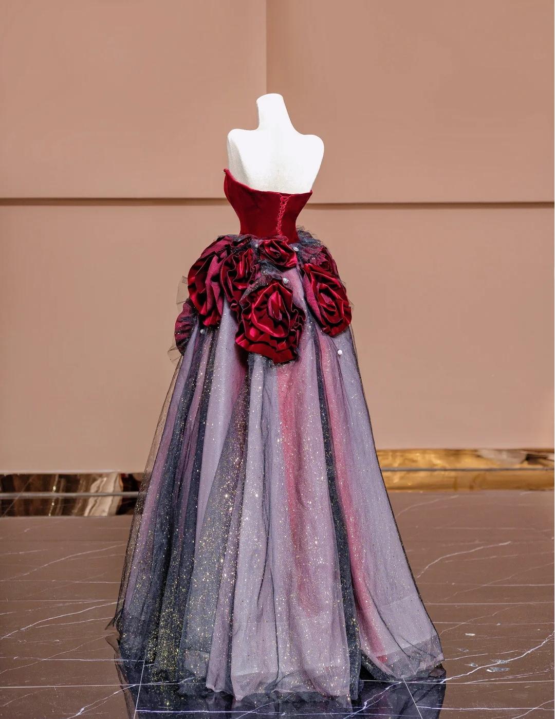 Stunning Burgundy Strapless Velvet A-Line  Tulle Long Prom Dresses Unique Wedding Dress ED02443