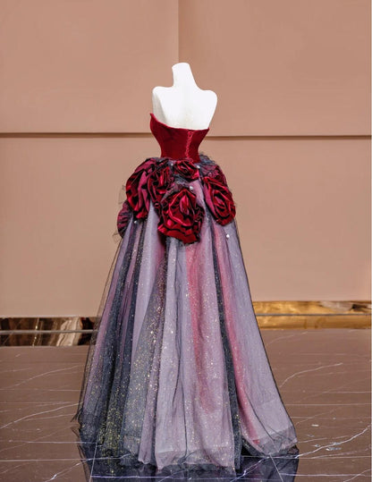 Stunning Burgundy Strapless Velvet A-Line  Tulle Long Prom Dresses Unique Wedding Dress ED02443
