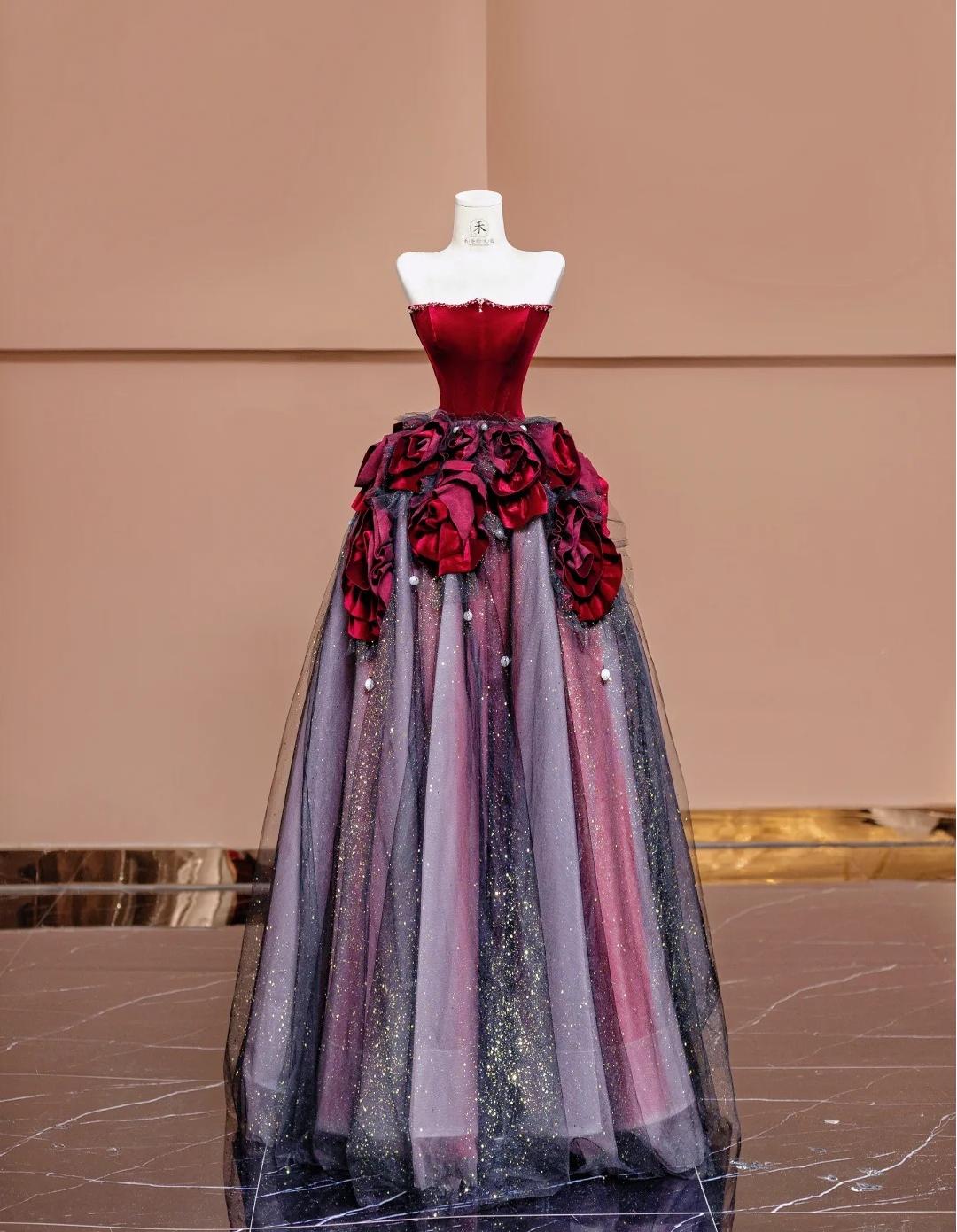 Stunning Burgundy Strapless Velvet A-Line  Tulle Long Prom Dresses Unique Wedding Dress ED02443