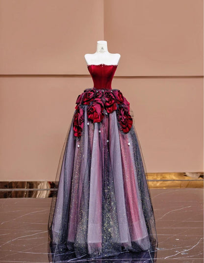 Stunning Burgundy Strapless Velvet A-Line  Tulle Long Prom Dresses Unique Wedding Dress ED02443