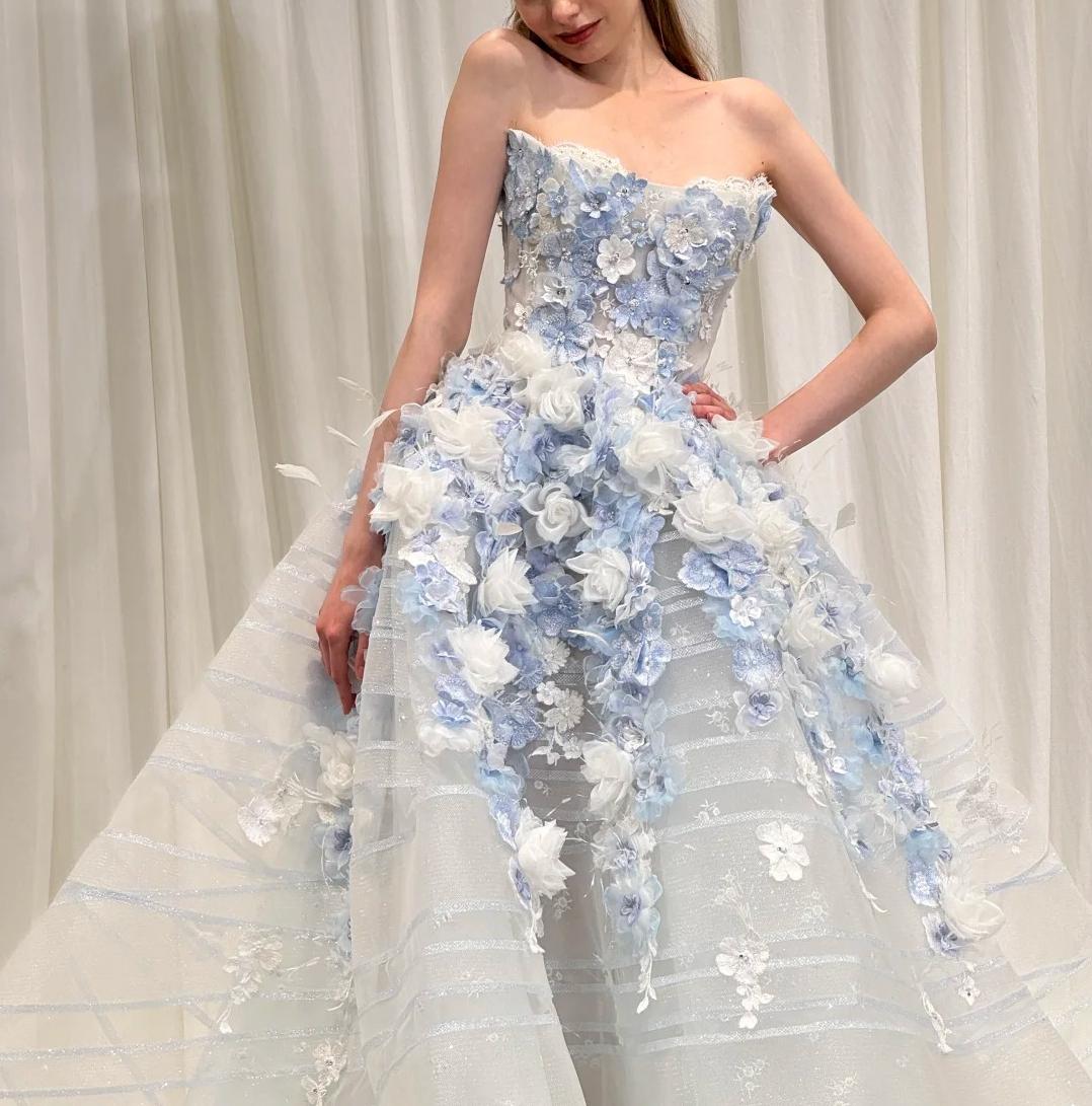 Fairytale White Tulle Strapless A-Line 3D Applique Trailing Wedding Dress ED02445