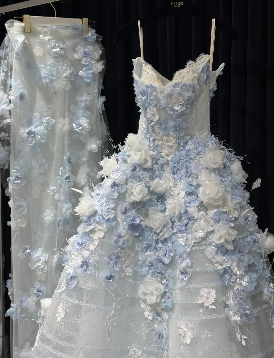 Fairytale White Tulle Strapless A-Line 3D Applique Trailing Wedding Dress ED02445