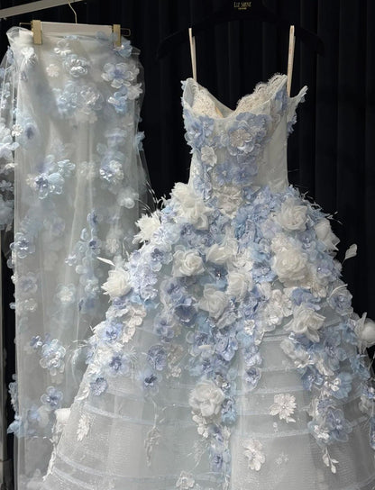 Fairytale White Tulle Strapless A-Line 3D Applique Trailing Wedding Dress ED02445