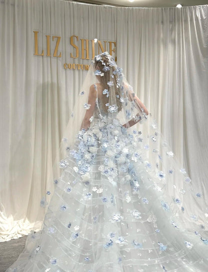 Fairytale White Tulle Strapless A-Line 3D Applique Trailing Wedding Dress ED02445