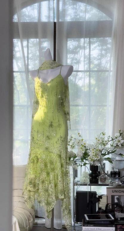Gorgeous Green Spaghetti Straps Mermaid Chiffon Beaded  Prom Dresses Vintage Party Dress ED02447