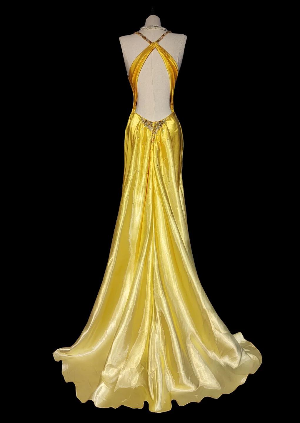 Elegant Bright Yellow V Neck Mermaid Satin Beading Long Prom Dresses Backless Formal Evening Gowns ED02450