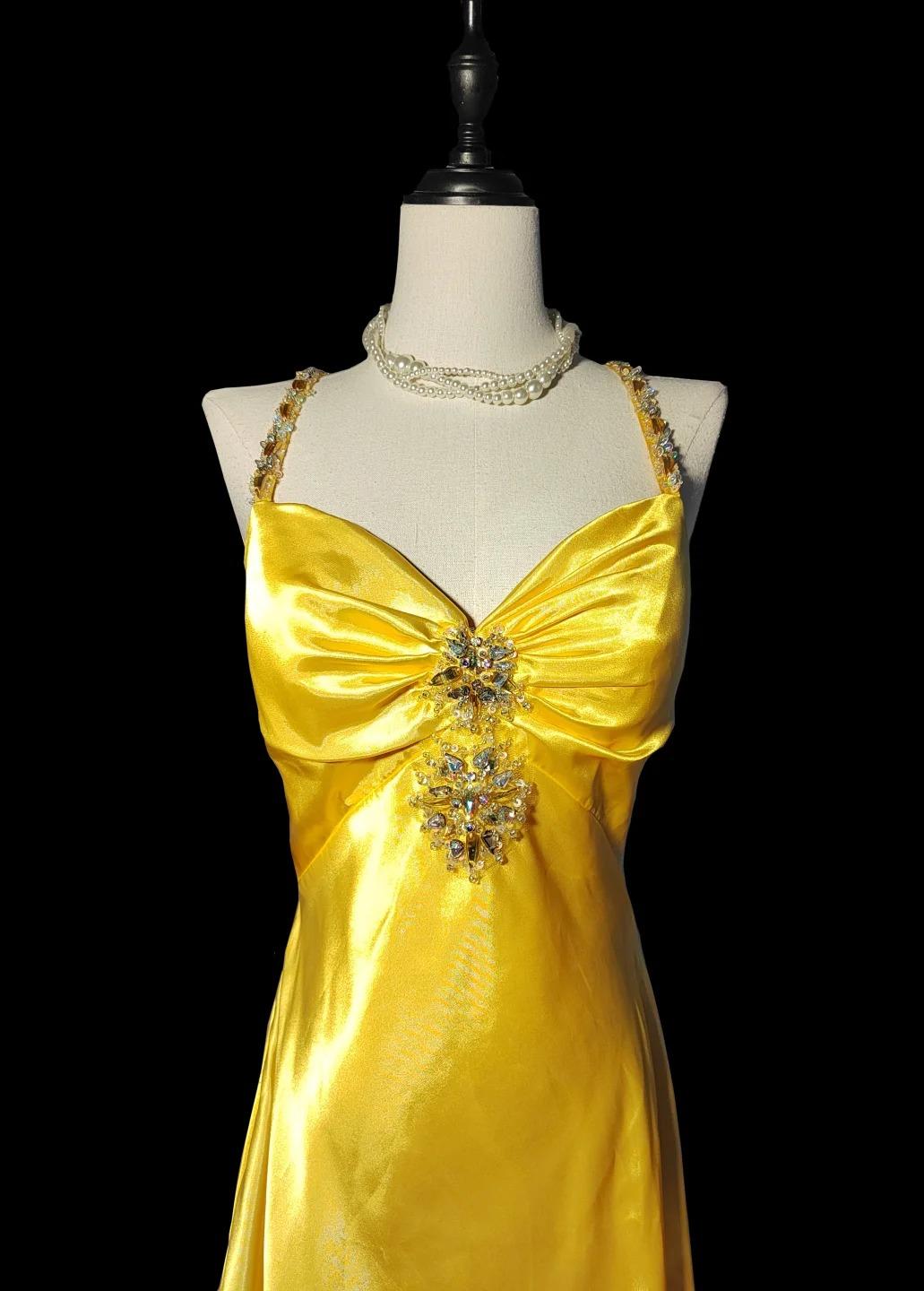 Elegant Bright Yellow V Neck Mermaid Satin Beading Long Prom Dresses Backless Formal Evening Gowns ED02450